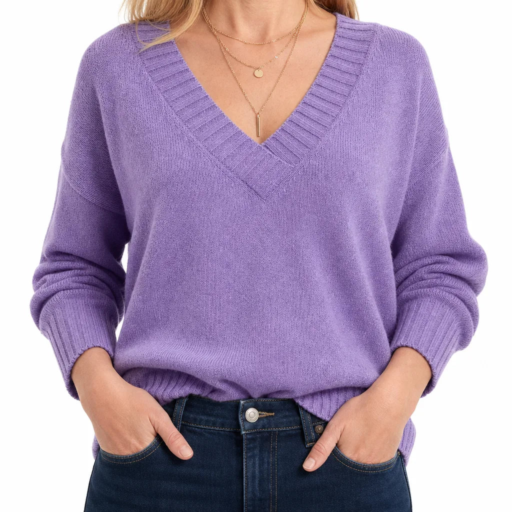 Olyvia |  V-Neck Fall Knit Sweater - Color:Purple;Size:XS