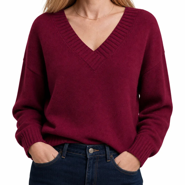 Olyvia |  V-Neck Fall Knit Sweater - Color:Red;Size:XS