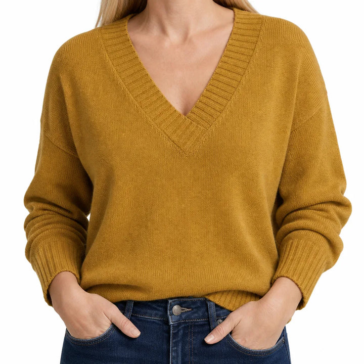 Olyvia |  V-Neck Fall Knit Sweater - Color:Yellow;Size:XS
