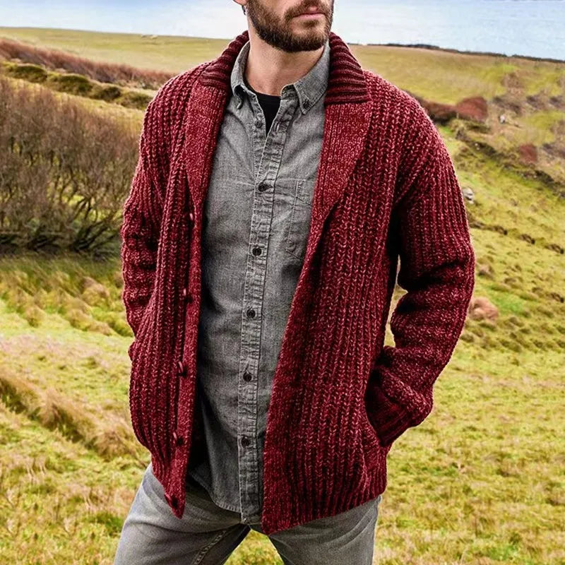 Oswald | Men's Shawl Collar Knit Cardigan  - Color:Red;Size:XS