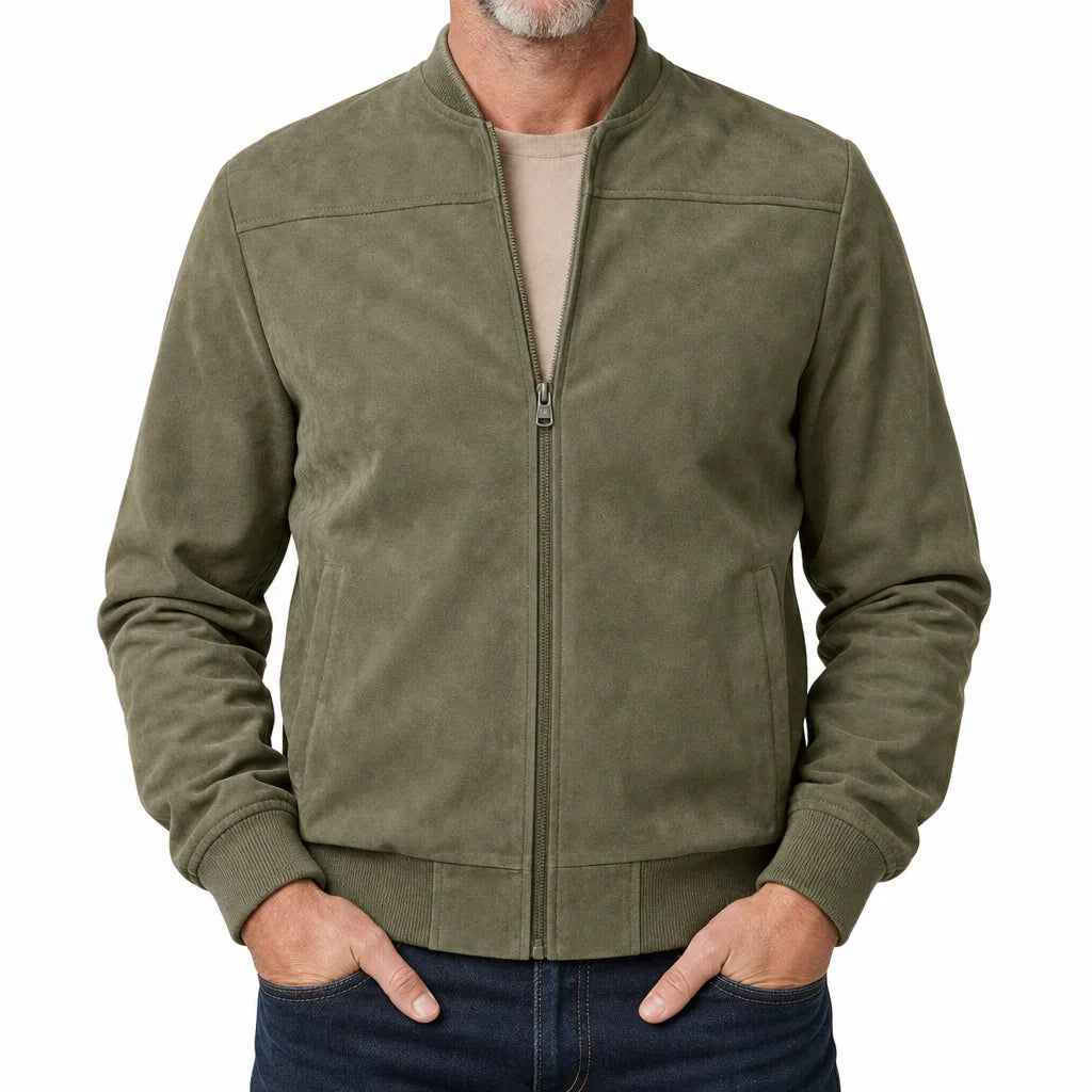 Owen | Men's Fall Suede Bomber Jacket - Color:Green;Size:S