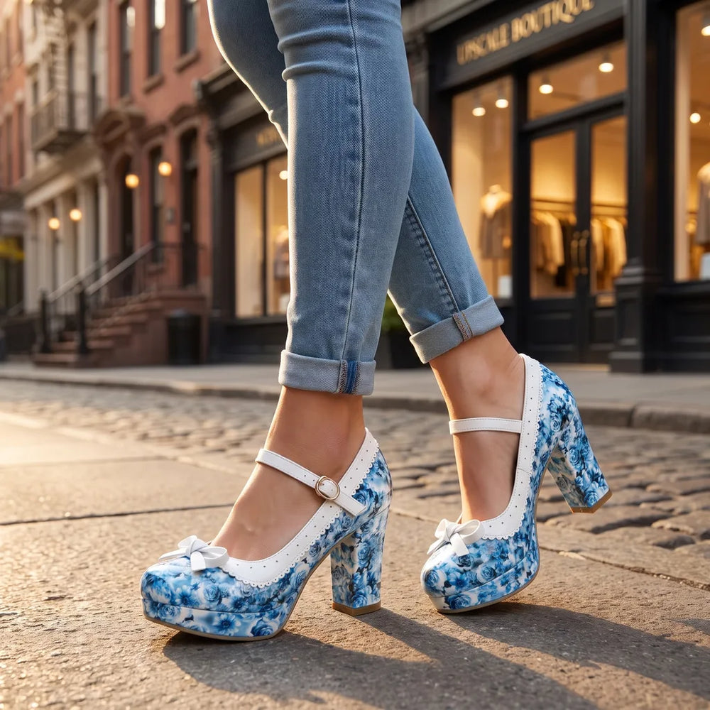 Women's Blue Charles Printed Mary Janes
