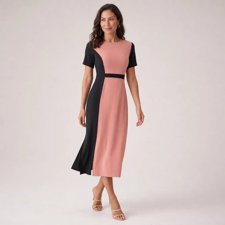 Women's Black and Pink Colorblock Marlowe Colorblock Midi Dress