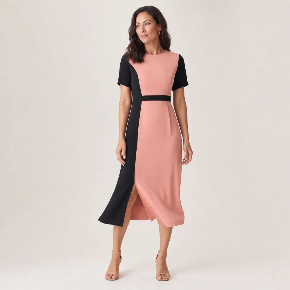 Women's Black and Pink Colorblock Marlowe Colorblock Midi Dress
