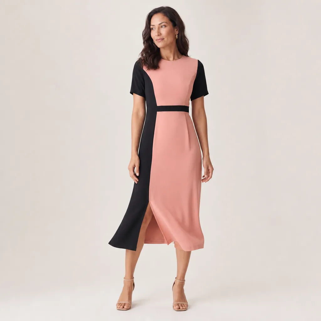 Women's Black and Pink Colorblock Marlowe Colorblock Midi Dress