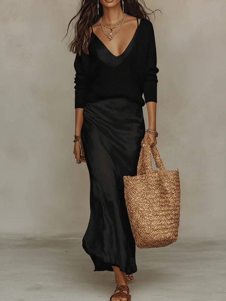 Phoebe | Women's V-Neck Sweater Dress Set - Size:XS;Color:Black