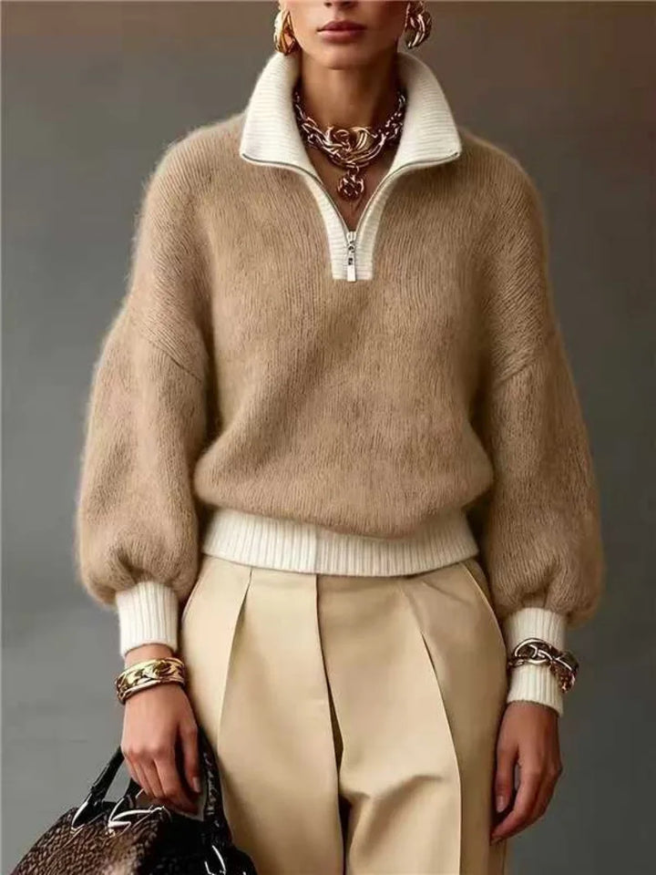 Quinn | Women's Elegant Quarter-Zip Sweater - Brown