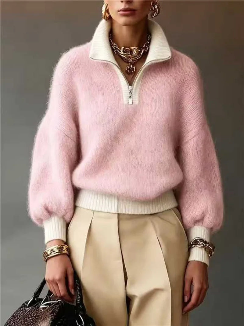 Quinn | Women's Elegant Quarter-Zip Sweater - Pink