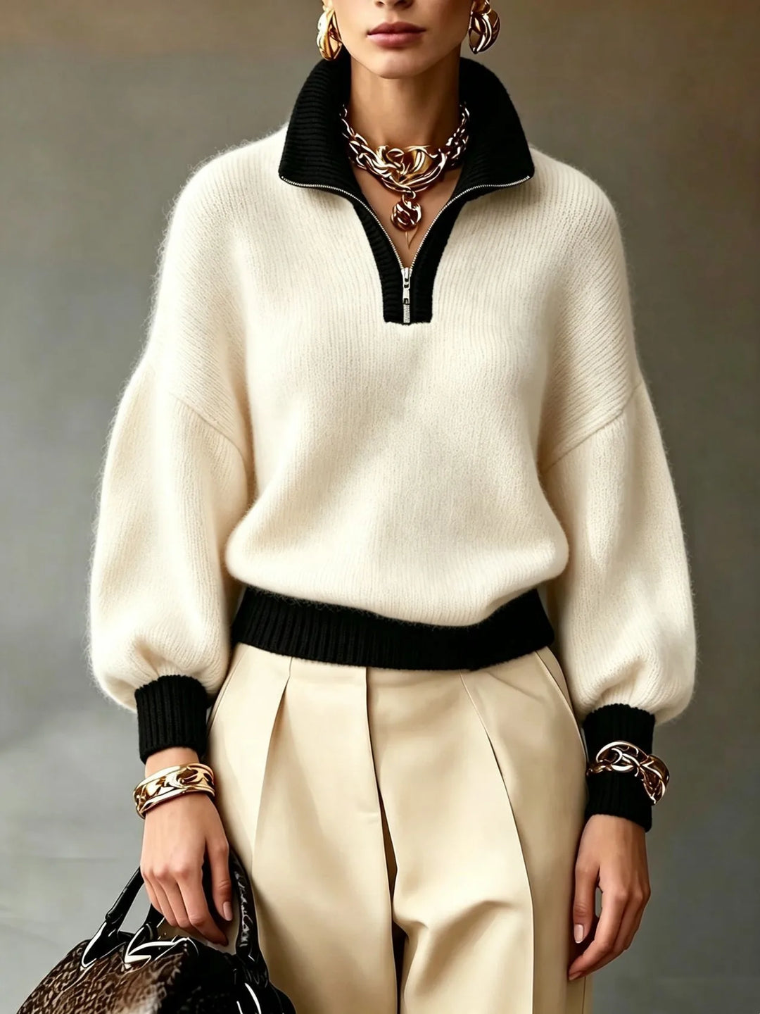 Quinn | Women's Elegant Quarter-Zip Sweater - White