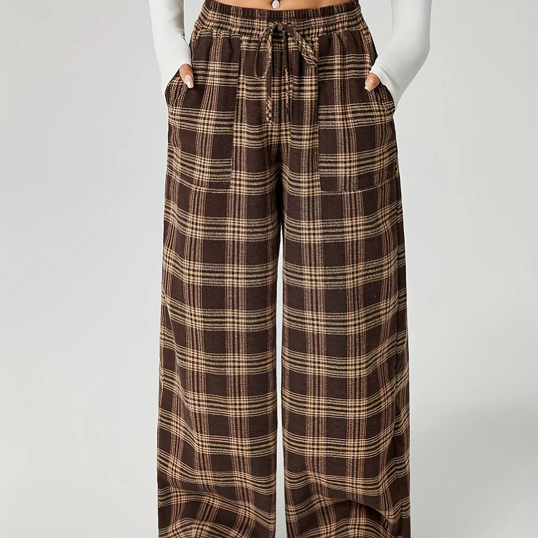 Quinn | Women's Plaid Wide-Leg Pants  - Color:Coffee;Size:XS