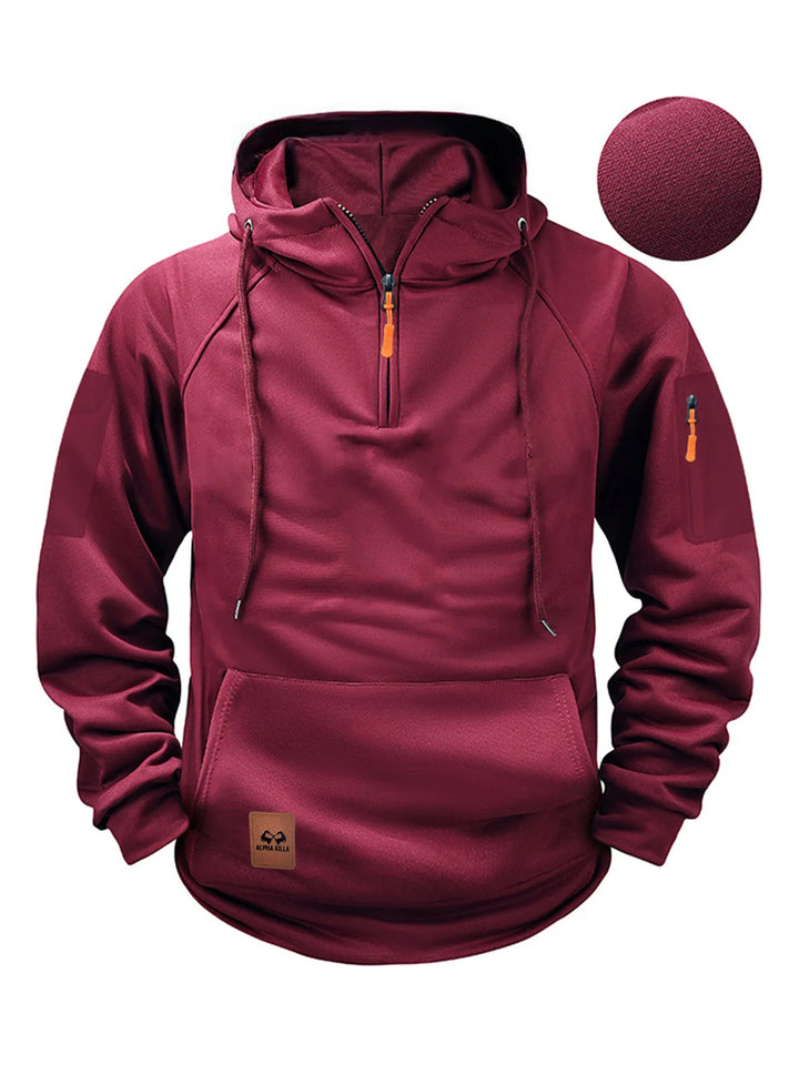 Rayaan | Men's Half-Zip Hooded Sweatshirt - Color:Red;Size:XS