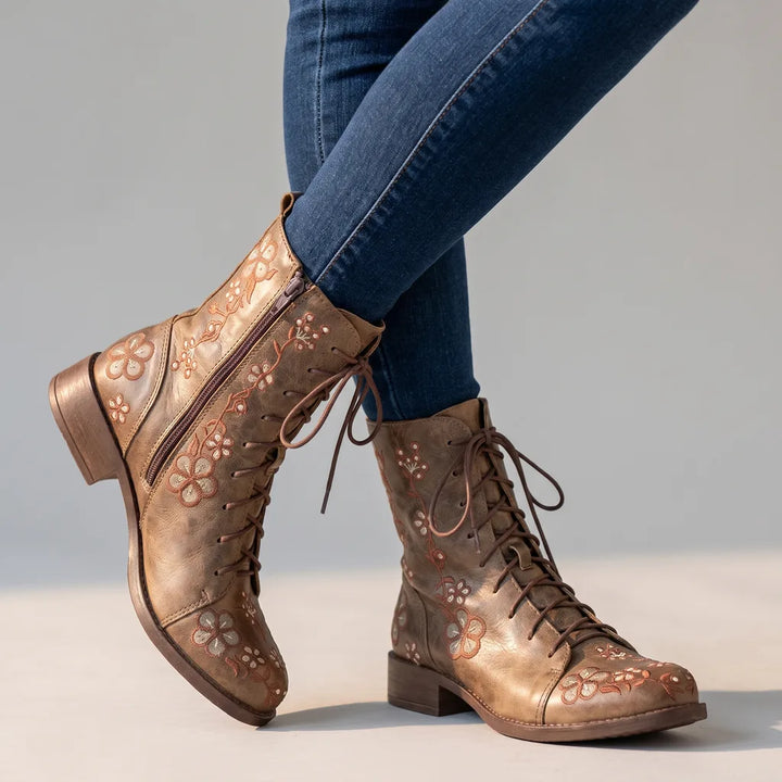 Rebecca | Women's Floral Lace-Up Boots - Color:Beige;Size:35