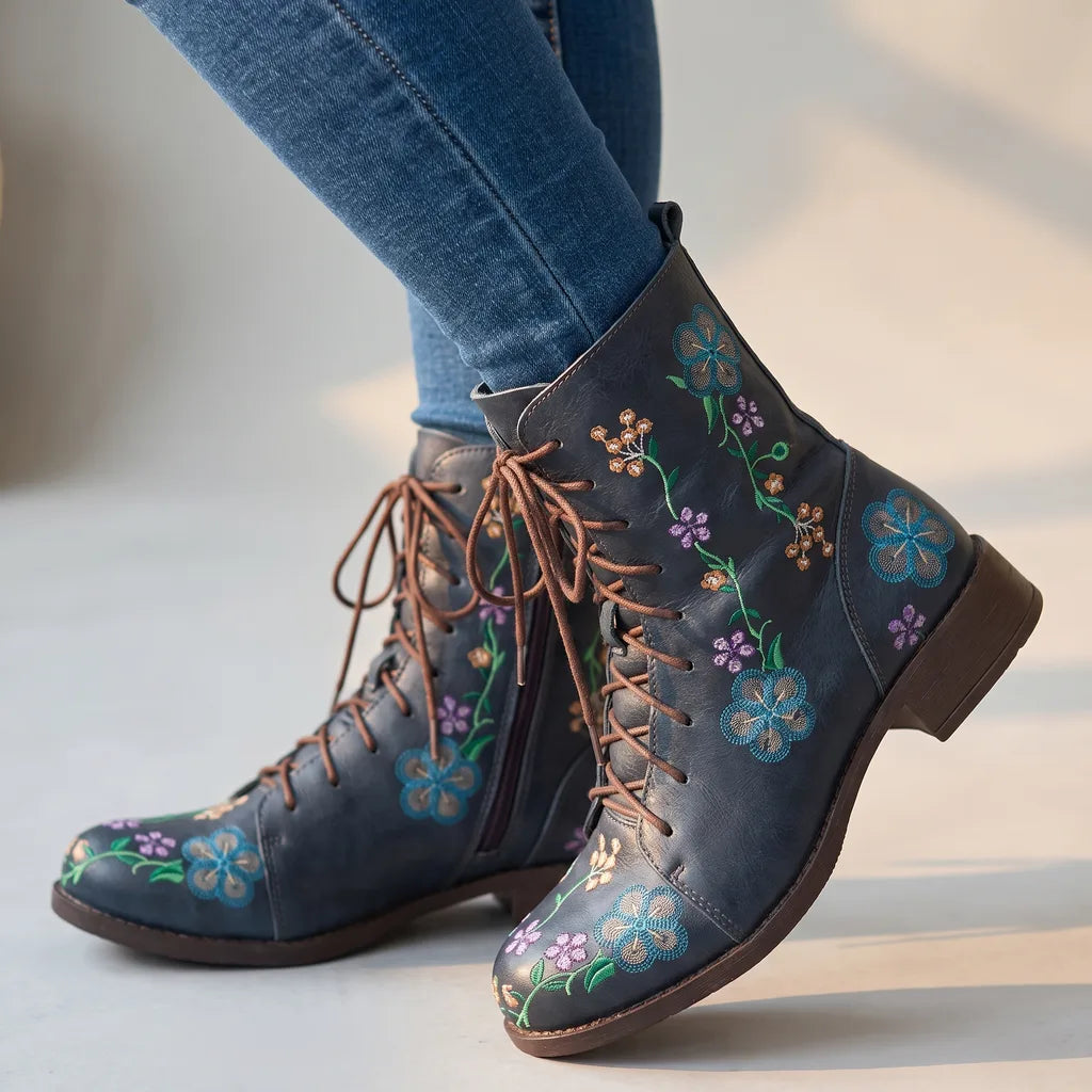 Rebecca | Women's Floral Lace-Up Boots - Color:Blue;Size:35