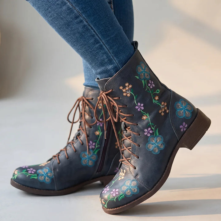 Rebecca | Women's Floral Lace-Up Boots - Color:Blue;Size:35