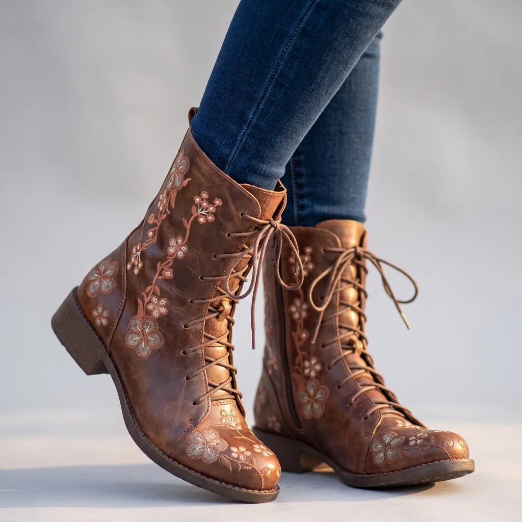 Rebecca | Women's Floral Lace-Up Boots - Color:Brown;Size:35