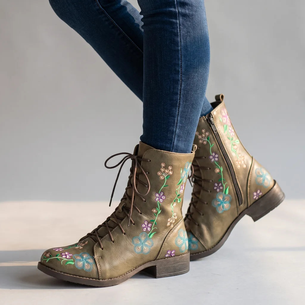 Rebecca | Women's Floral Lace-Up Boots - Color:Green;Size:35