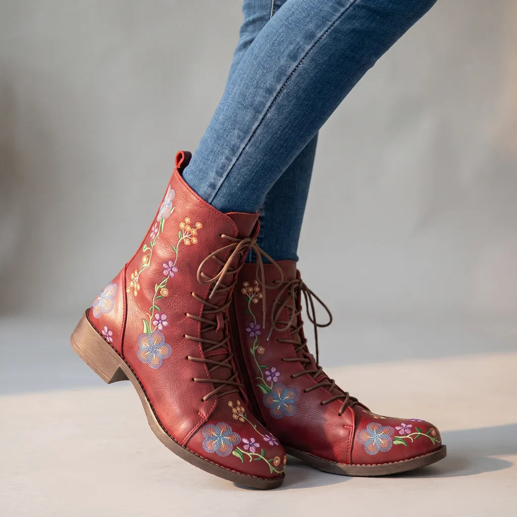 Rebecca | Women's Floral Lace-Up Boots - Color:Red;Size:35