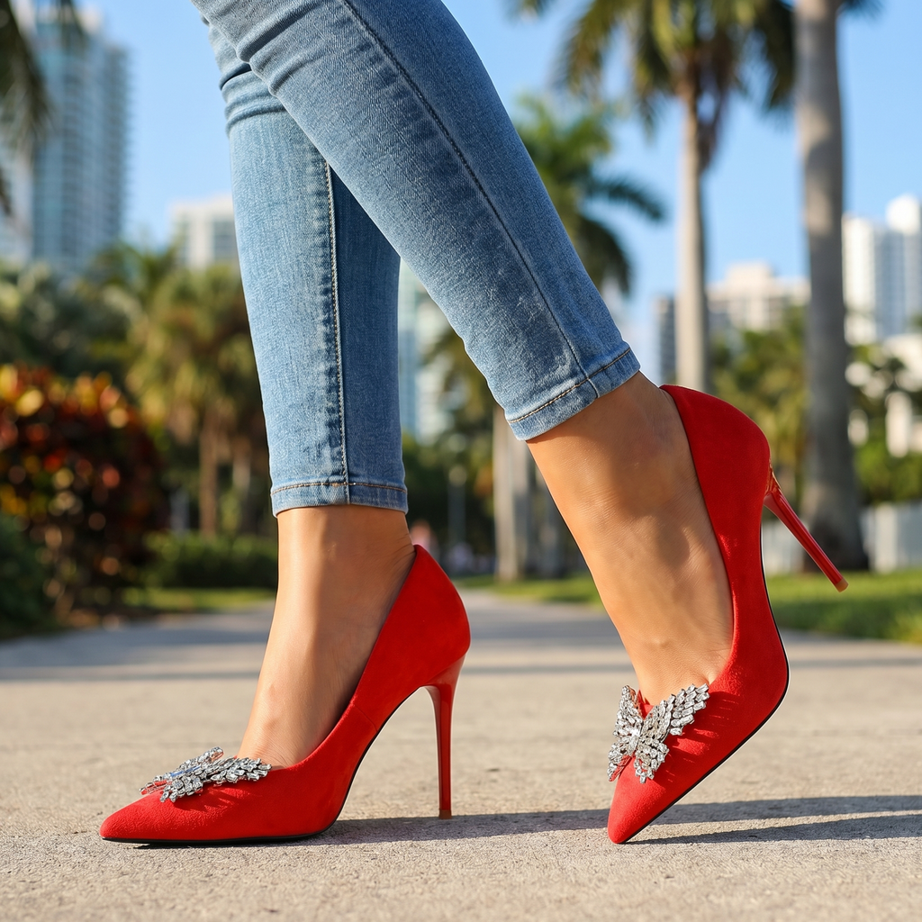 Red Julianna Crystal Bow Pumps 1