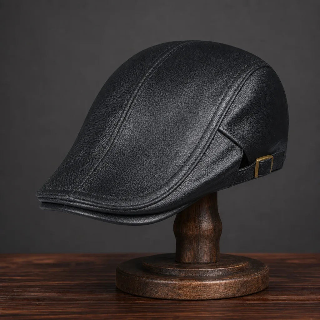 Reed Leather Flat Cap - Color:Black;Size:L (55-56 cm), adjustable