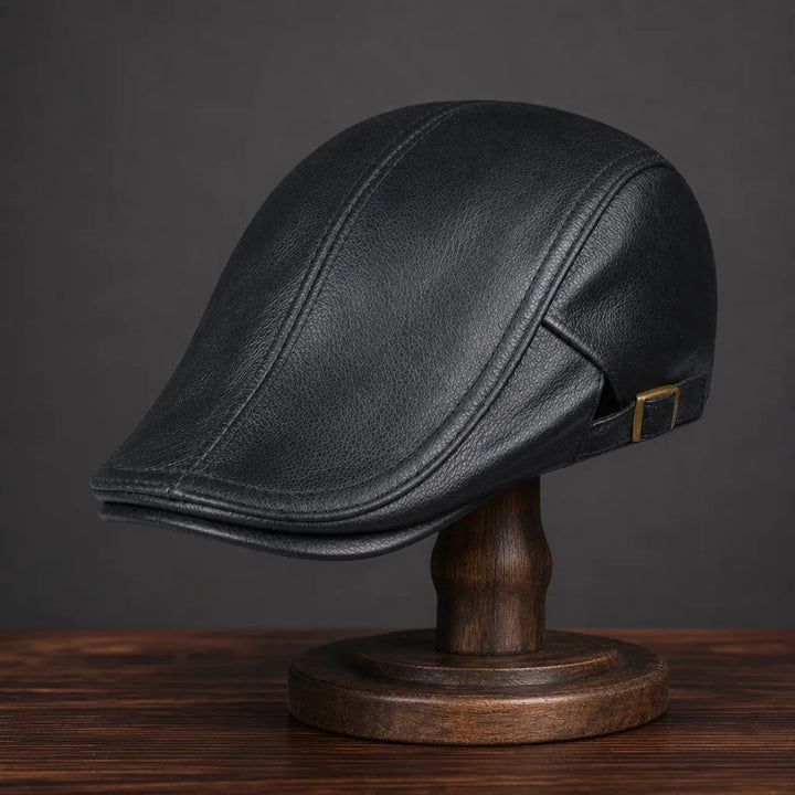 Reed Leather Flat Cap - Color:Black;Size:L (55-56 cm), adjustable