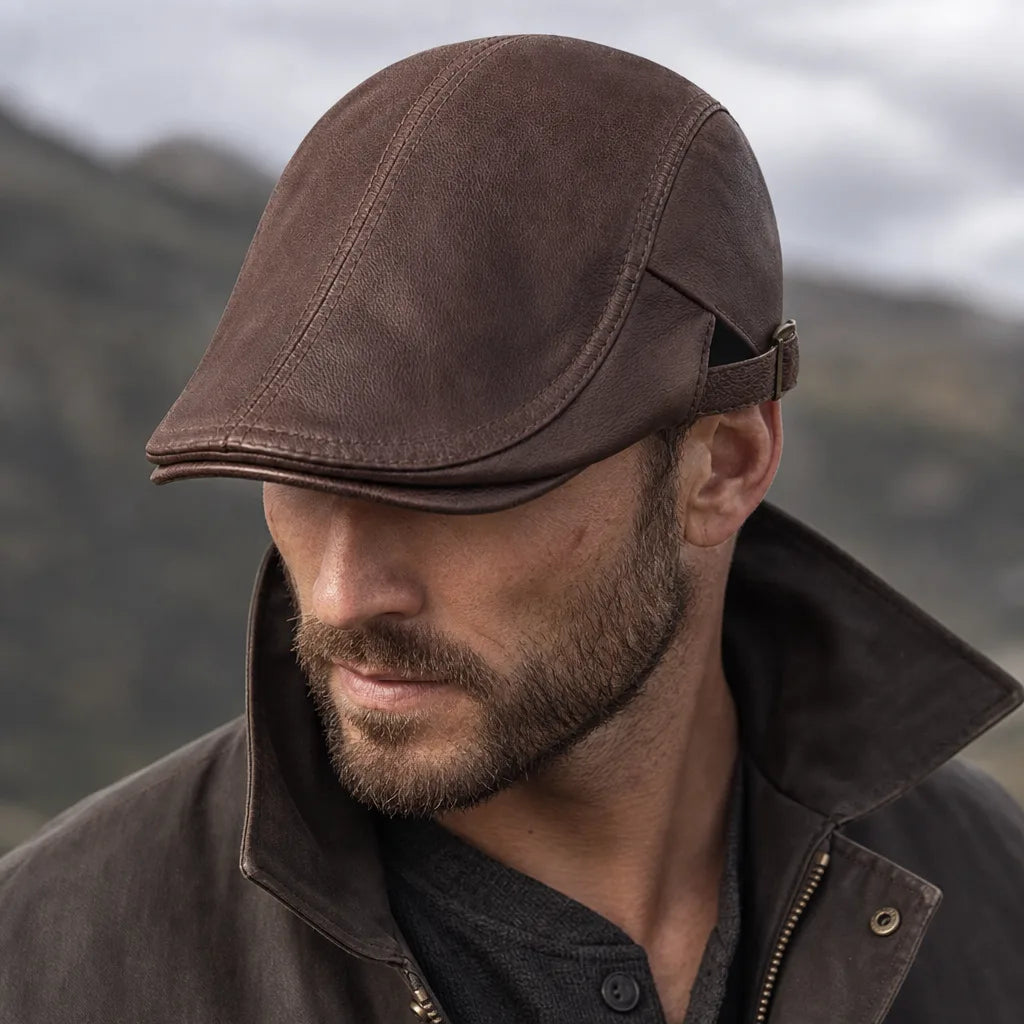 Men's Brown Reed Leather Flat Cap