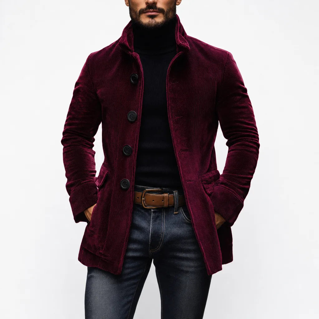 Men's Wine Red Reed | Men's Slim-Fit Stand-Collar Corduroy Coat