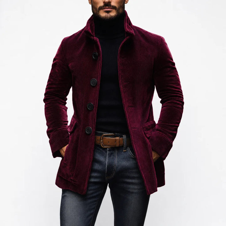 Men's Wine Red Reed | Men's Slim-Fit Stand-Collar Corduroy Coat