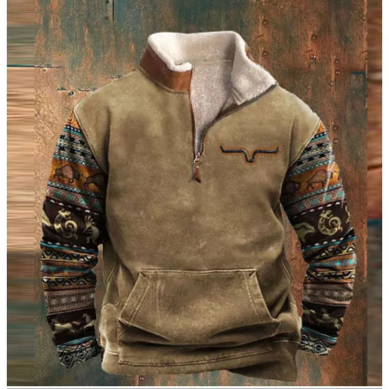 Reynolds | Men's Fleece Quarter Zip Western Sweater - Size:XS;Color:Khaki