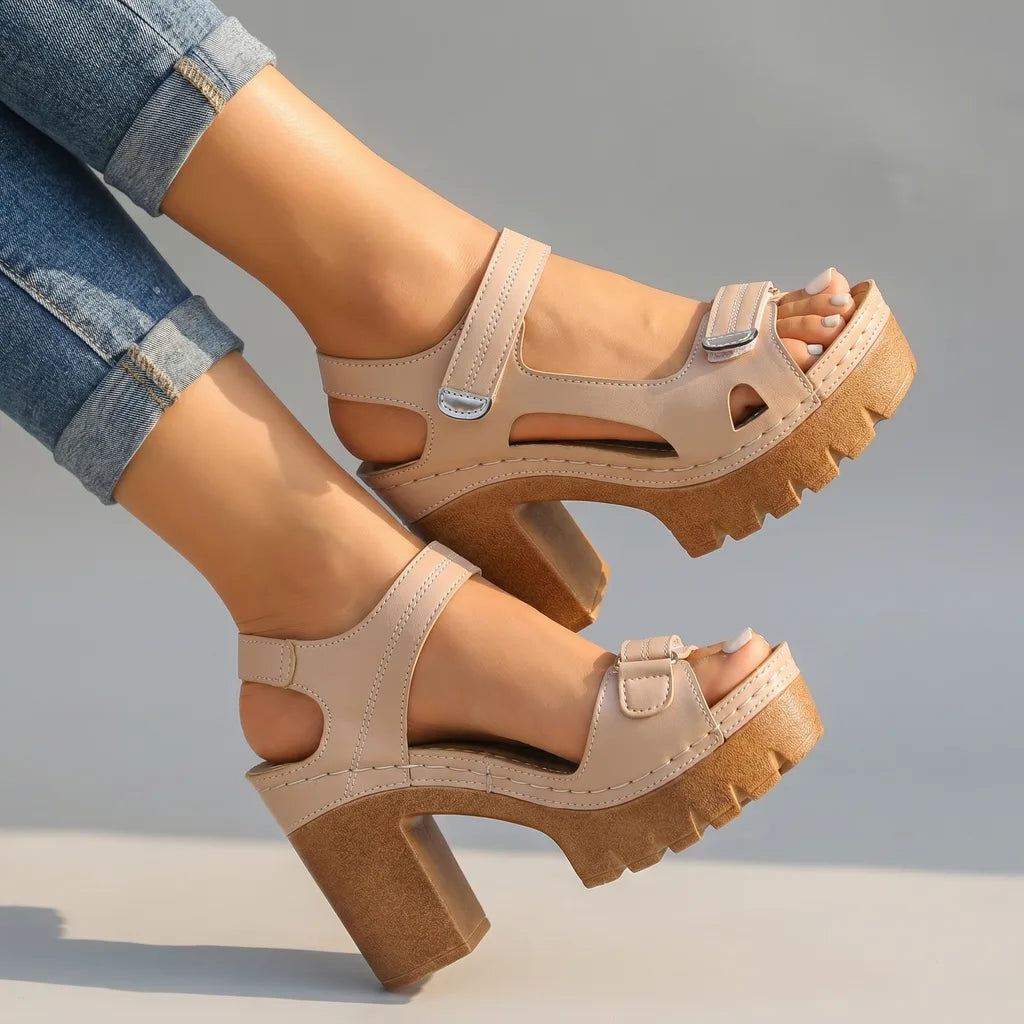 Rhonda Platform Strap Sandals - Color:Khaki;Size:35