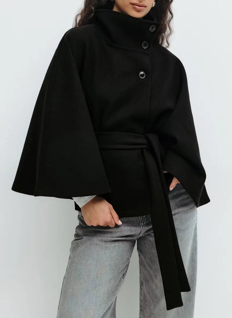 Ridley |  Women's Belted High-Collar Cape Coat - Color:Black;Size:XS