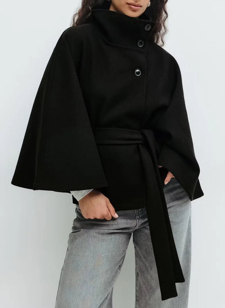 Ridley |  Women's Belted High-Collar Cape Coat - Color:Black;Size:XS