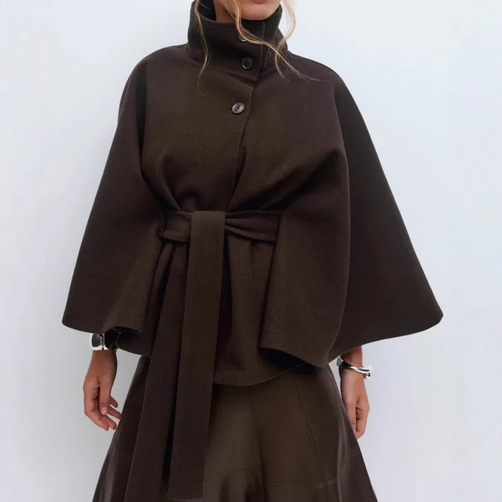 Ridley |  Women's Belted High-Collar Cape Coat - Color:Brown;Size:XS