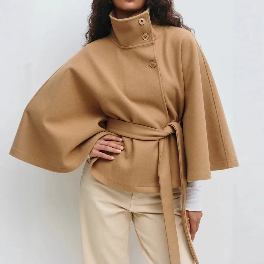 Ridley |  Women's Belted High-Collar Cape Coat - Color:Khaki;Size:XS