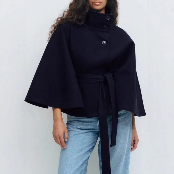 Ridley |  Women's Belted High-Collar Cape Coat - Color:Navy Blue;Size:XS