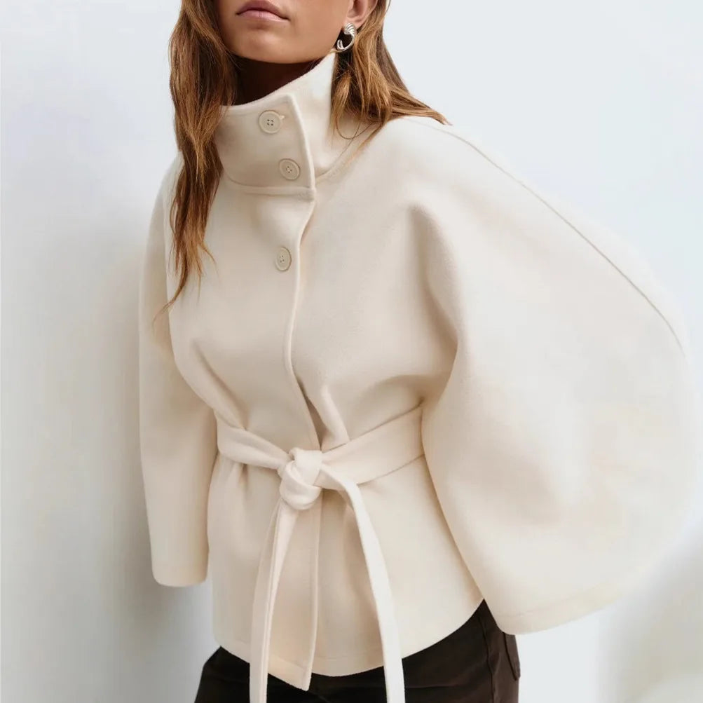 Ridley |  Women's Belted High-Collar Cape Coat - Color:White;Size:XS