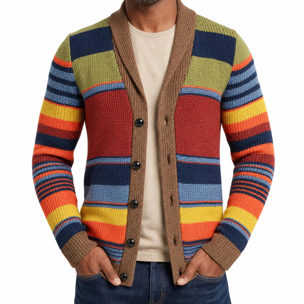 Roman | Men's Striped Shawl-Collar Cardigan - Color:Multicolor;Size:S