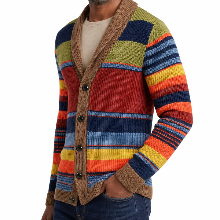 Men's Navy & Lime Stripe Roman | Men's Striped Shawl-Collar Cardigan -No match