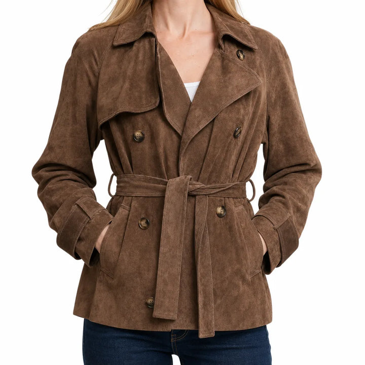 Rosalie | Women's Short Cropped Trench Coat - Color:Brown;Size:XS