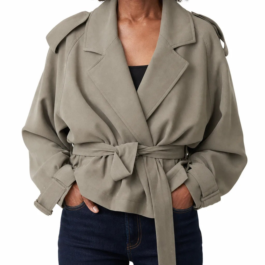 Rosamund | Women's Short Cropped Trench Coat - Color:Khaki;Size:XS