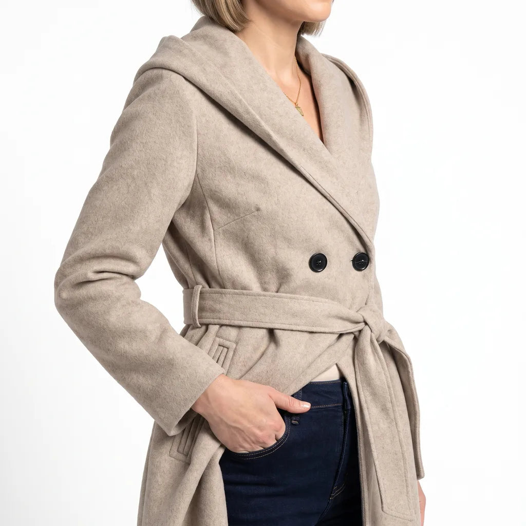 Women's Beige Haywood Belted Hooded Coat