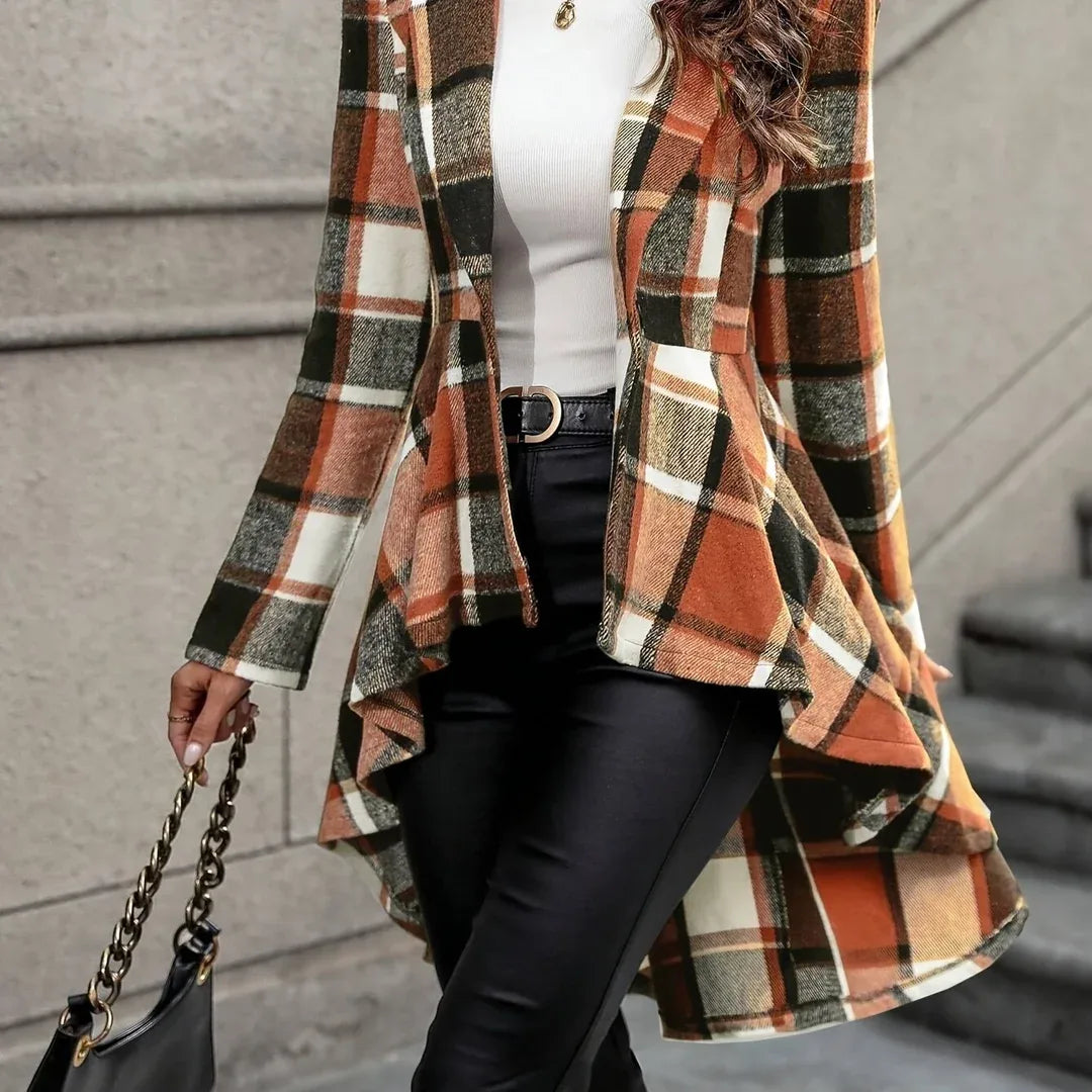 Ruby | Women's Draped Longline Plaid Jacket  - Color:Red & Brown Plaid;Size:XS