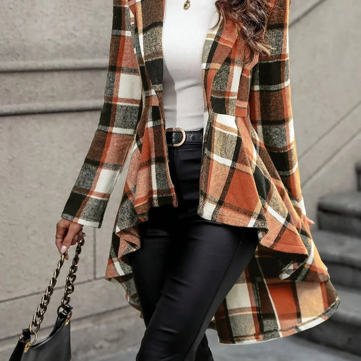 Ruby | Women's Draped Longline Plaid Jacket  - Color:Red & Brown Plaid;Size:XS