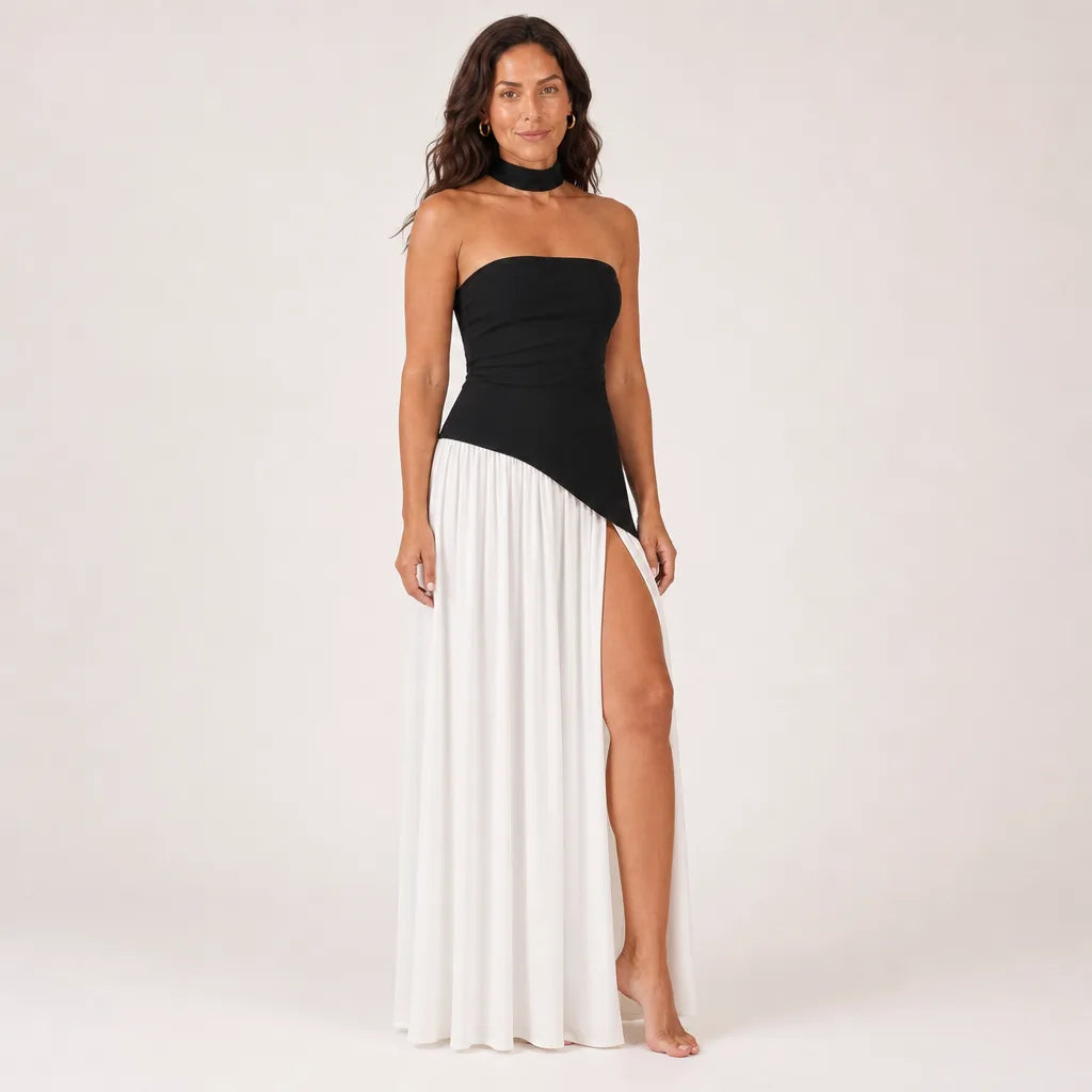 Women's Black and White Hancock Strapless Slit Dress