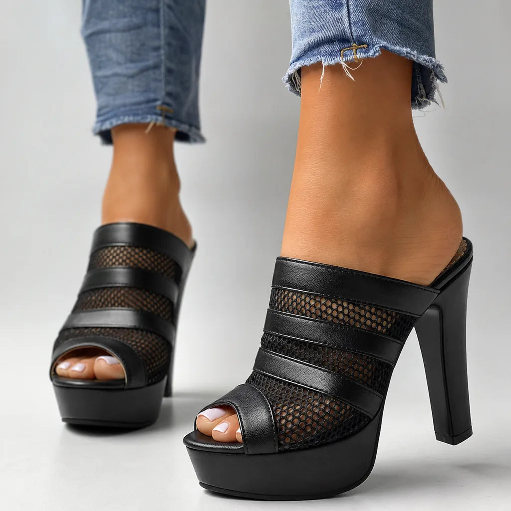 Sabine| Women's Platform Slide Sandals Heels - Color:Black;Size:36