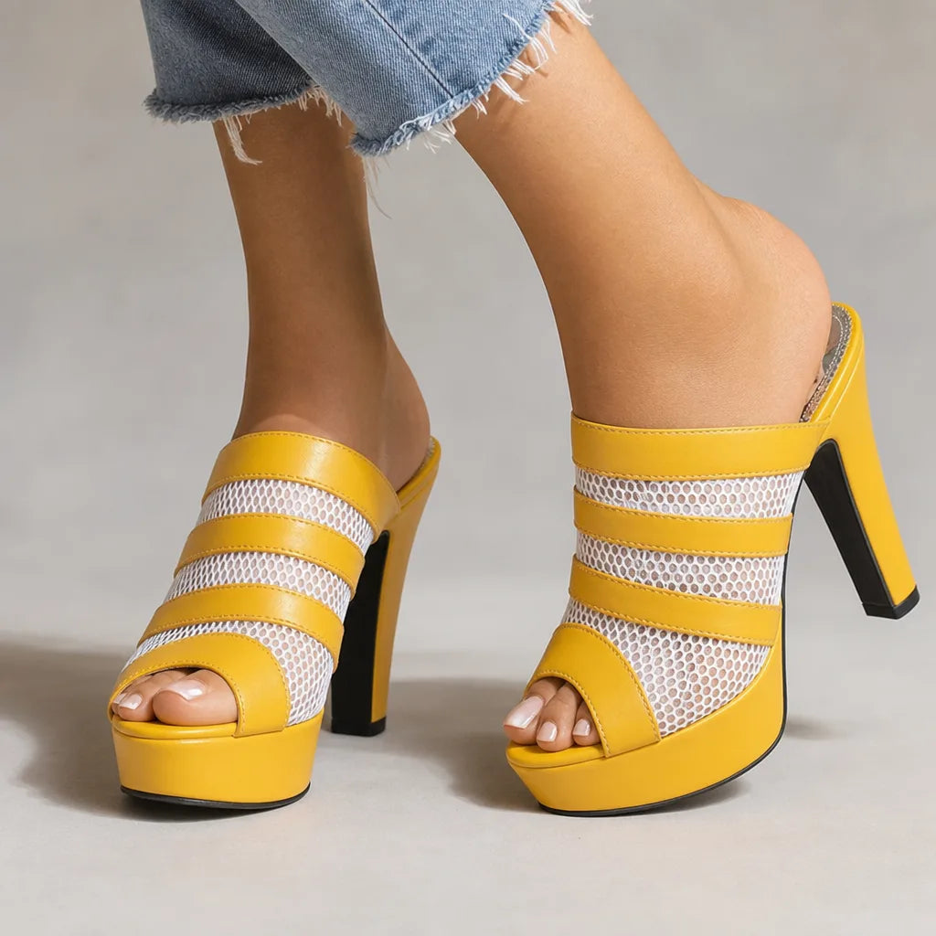 Sabine| Women's Platform Slide Sandals Heels - Color:Yellow;Size:36