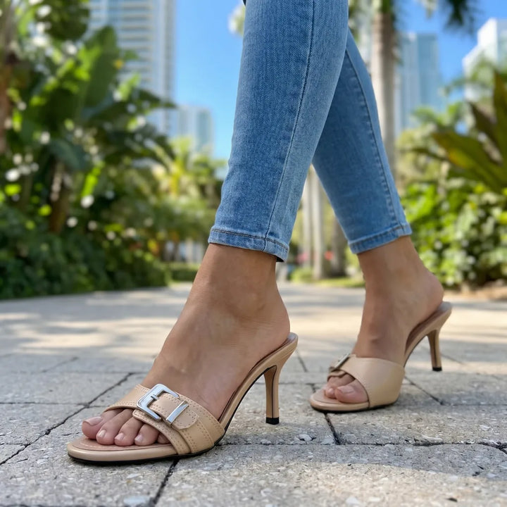 Women's Beige Tucker Heeled Buckle Sandals