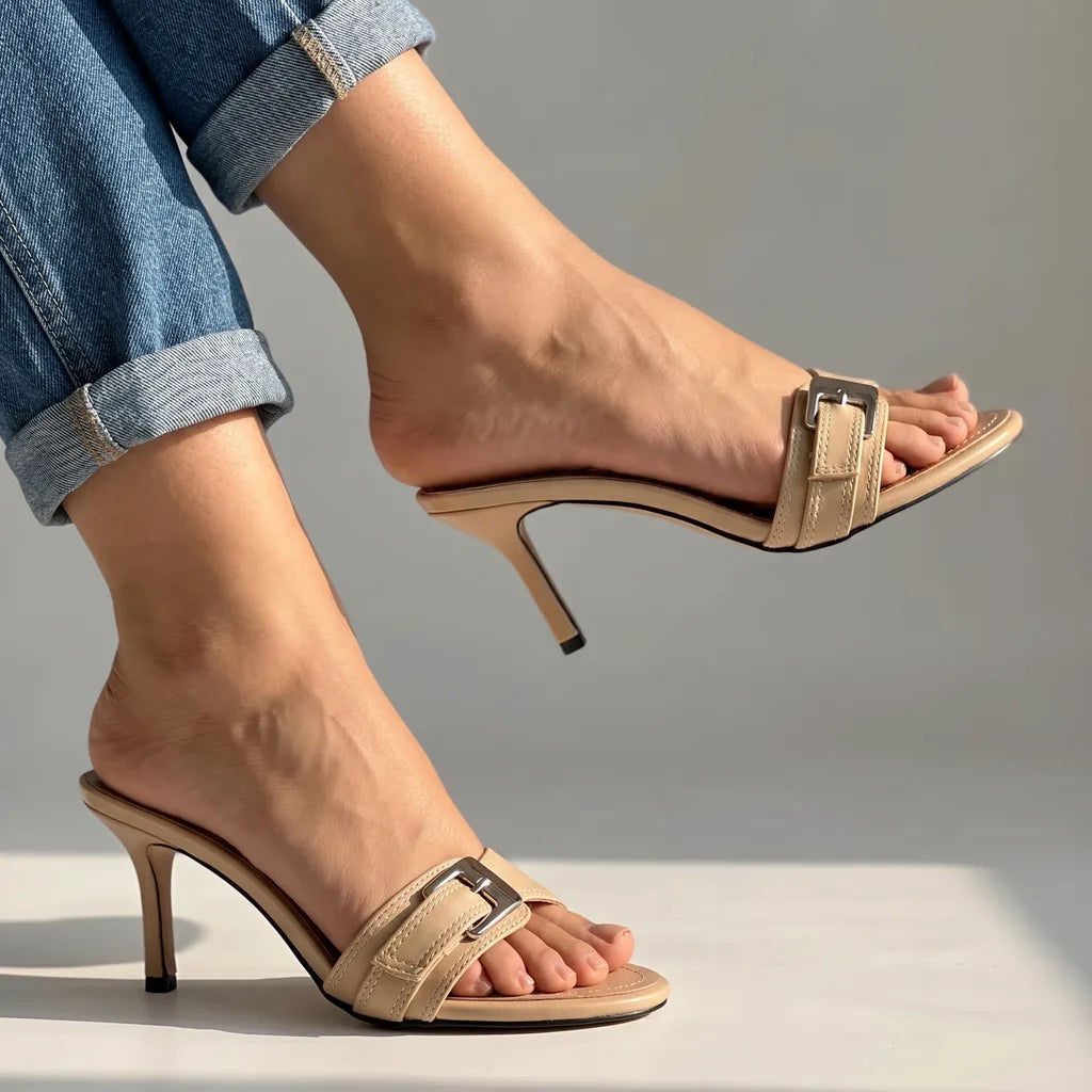 Sadie Heeled Buckle Sandals - Color:Beige;Size:35