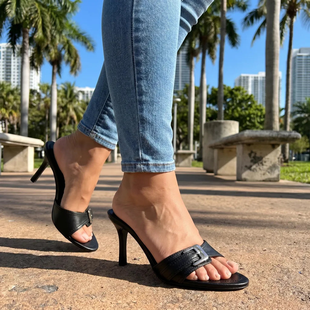 Women's Black Tucker Heeled Buckle Sandals