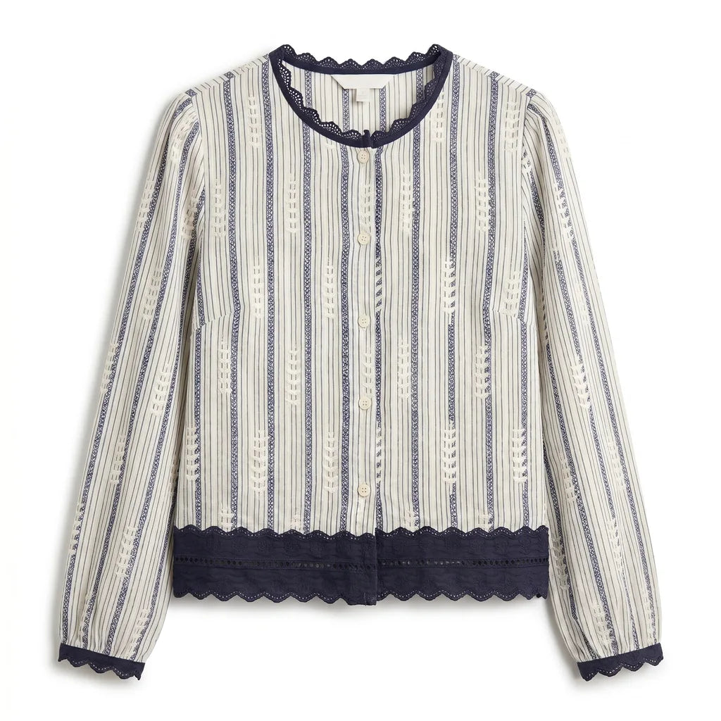 Sadie Striped Lace Blouse - Color:White;Size:S