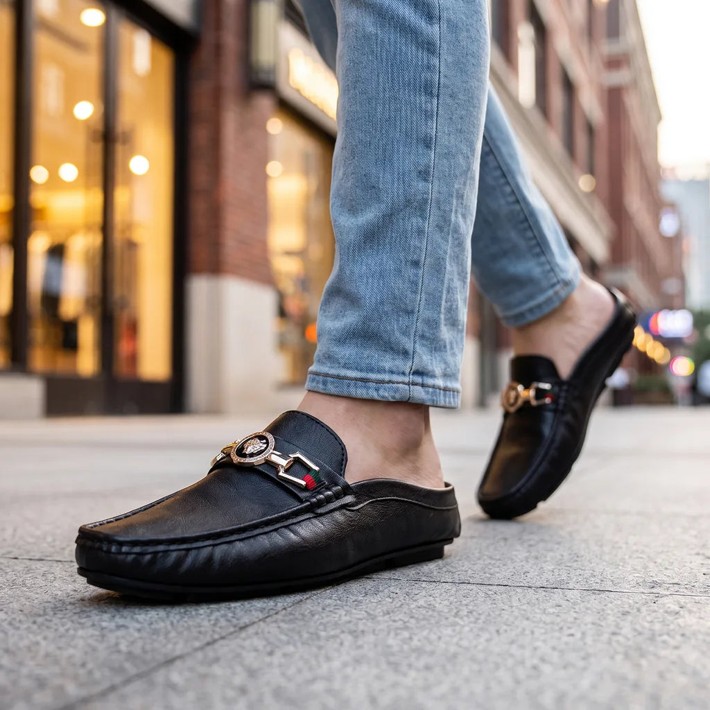 Men's Black Petra Leather Mule Loafers